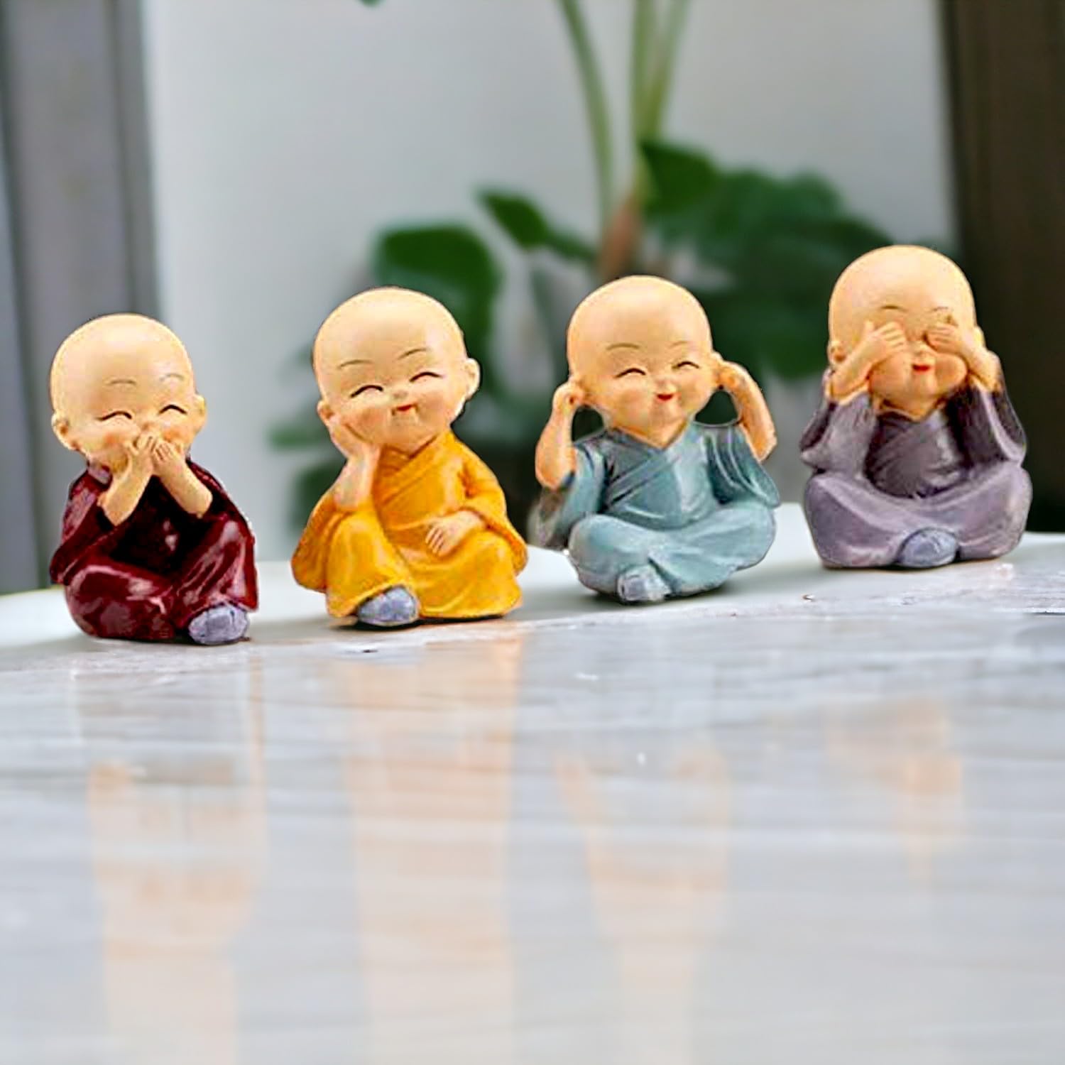 Ascension Resin Buddha Monk Statues, Small, Multicolour, Set of 4 Buddha Figurine good luck Sculpture Decoration for Indoor Outdoor Garden car dashboard Porch Yard Art Decor