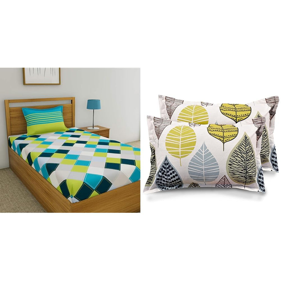 HUESLAND by Ahmedabad Cotton 144 TC Cotton Single Bedsheet with 1 Pillow Cover - Blue, Green & Grey & Ahmedabad Cotton Pillow Cover/Case Set (2 Pcs) - 18 x 27 inches