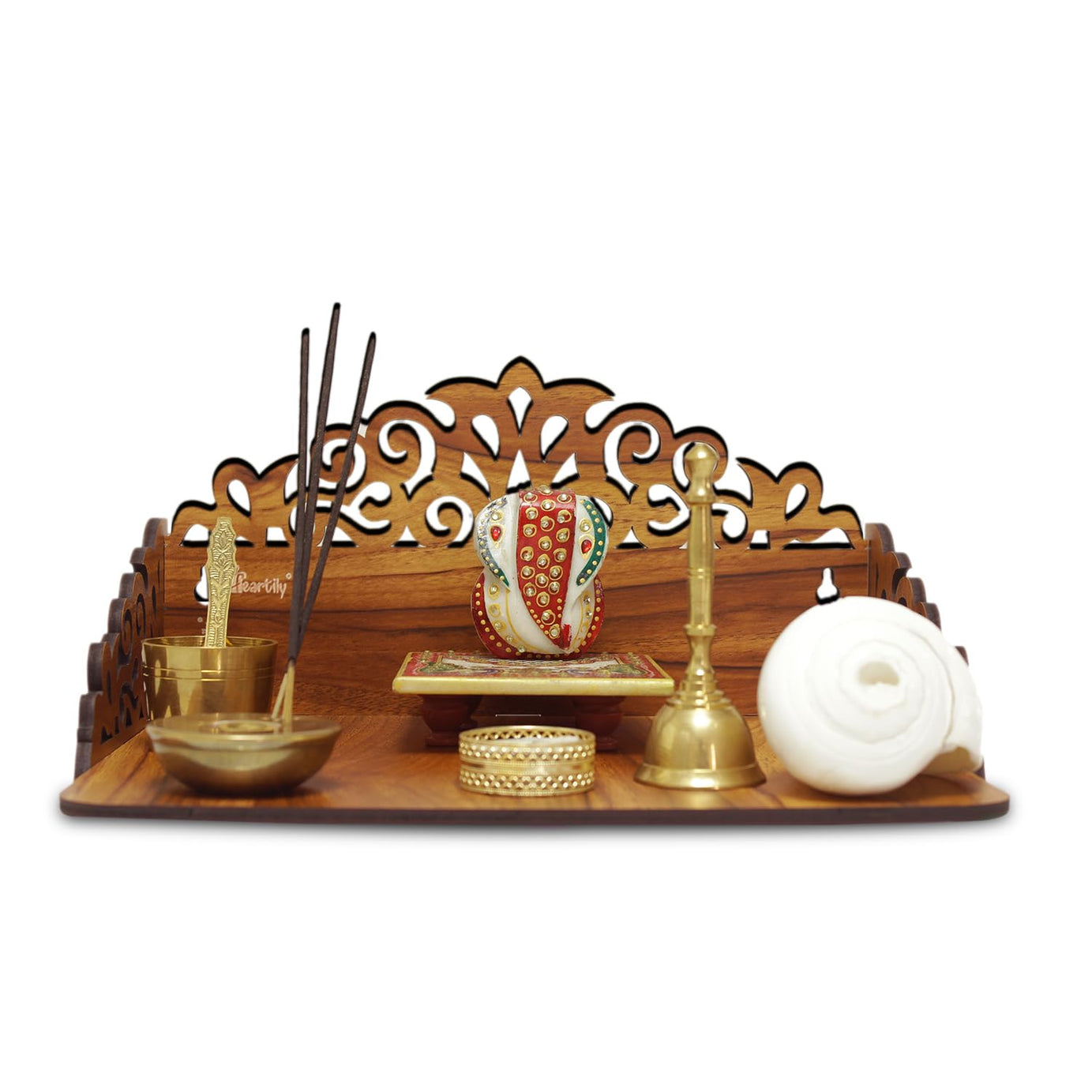 Heartily® : Rudra Wall Mounted Wooden Home Pooja Temple Mandir Puja Room Items Stand Home Decor Office Chowki Shelf Hanging Product (Height- 6.25, Length- 12, Width-9.0 Inch) (Brown)