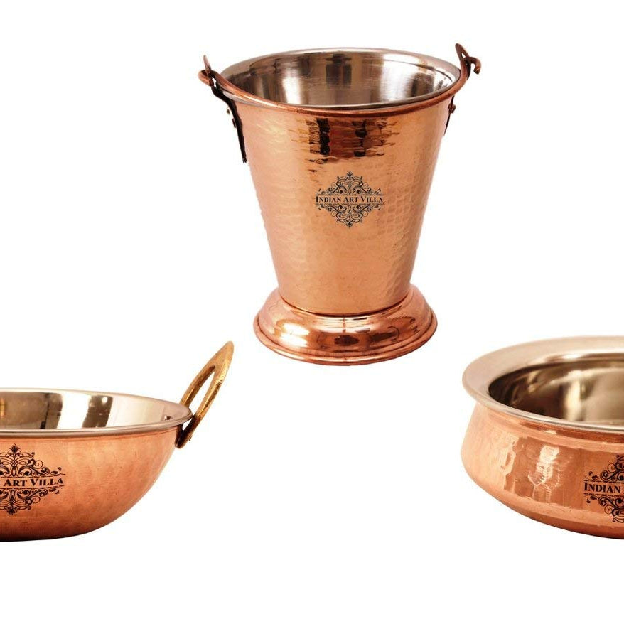 Indian Art Villa Stainless Steel & Copper Handi With Kadhai Kadai Wok & Bucket, 500ml, 450ml, 350ml, 1 Handi, 1 Kadhai Kadai Wok, 1 Bucket (Steel ,copper)