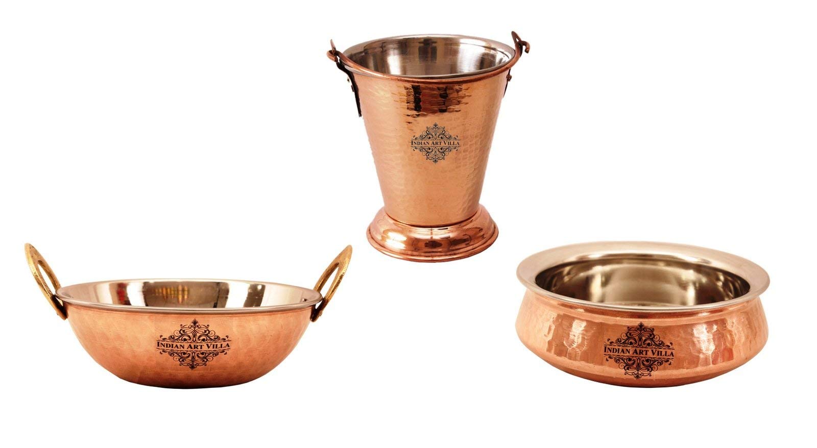 Indian Art Villa Stainless Steel & Copper Handi With Kadhai Kadai Wok & Bucket, 500ml, 450ml, 350ml, 1 Handi, 1 Kadhai Kadai Wok, 1 Bucket (Steel ,copper)