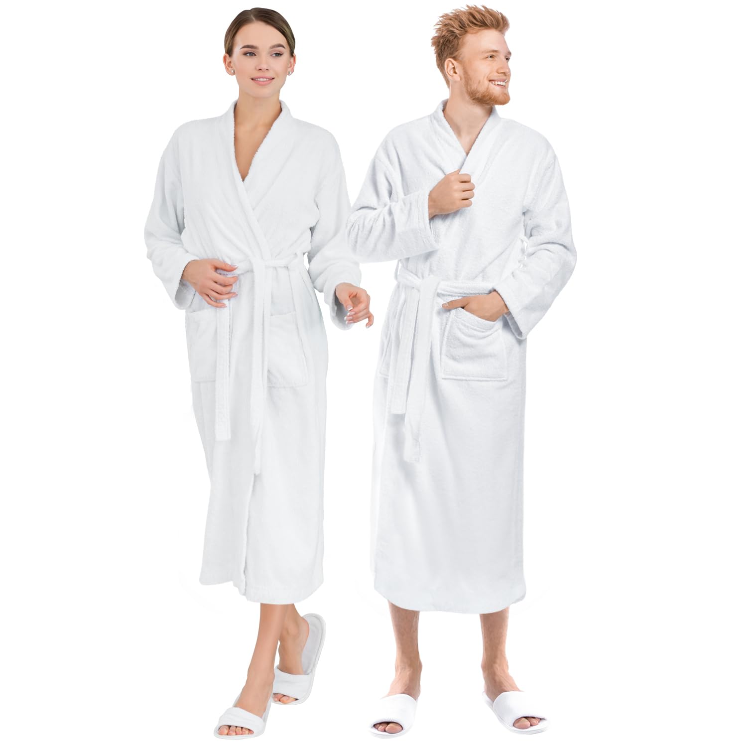 Jmr Usa Inc. Luxury White Plus Size Cotton Terry Bathrobe & Slipper Set For Men & Women Unisex After-Shower Robe With Pockets, White-shawl Collar, XX-Large