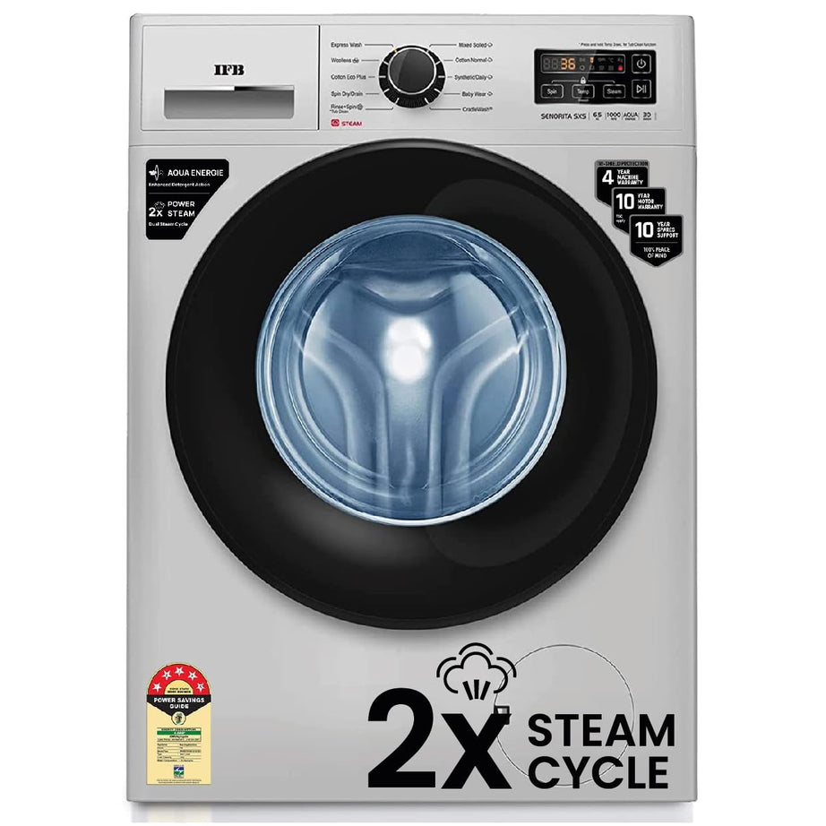 IFB 6.5 Kg 5 Star Front Load Washing Machine 2X Power Steam (SENORITA SXS 6510, Silver & Black, In-built Heater, 4 years Comprehensive Warranty)