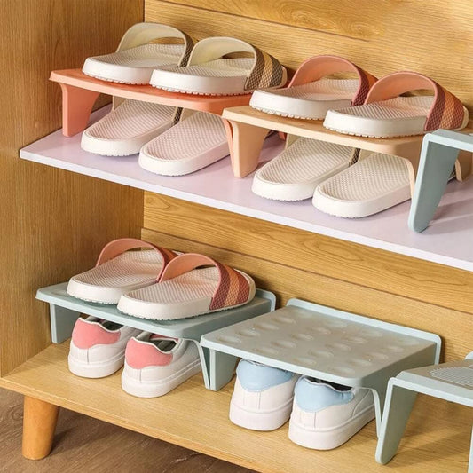 NYALKARAN Plastic Shoe Organizer Stand Space Saver Shoe Storage Rack Double Layer Free Standing Shoe Slipper Stacker Shelf (SET OF 4, MULTICOLOR)