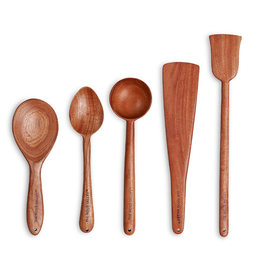 The Indus Valley Neem Wood Compact Flip/Spatula/Ladle for Cooking Dosa/Roti/Chapati | Kitchen Tools | No Harmful Polish | Naturally Non-Stick | Handmade (Set of 5)