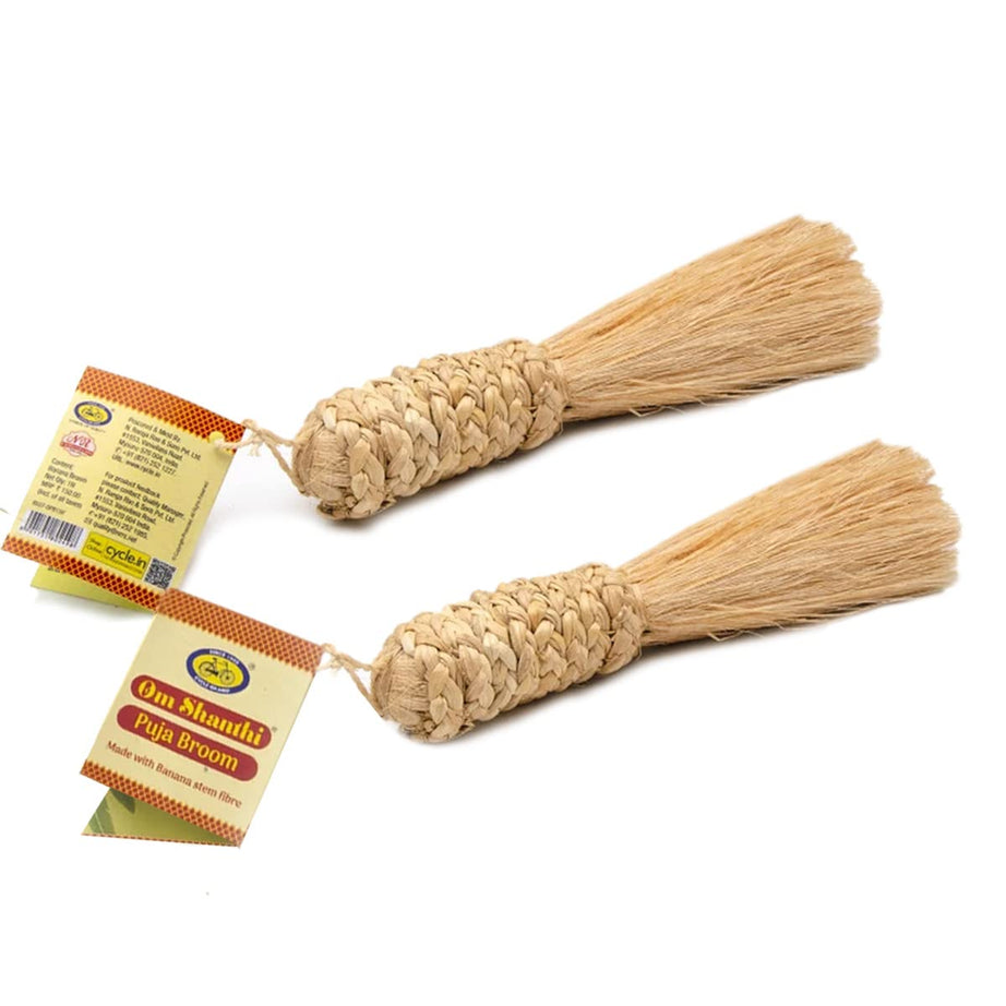 Cycle Pure Om Shanthi Pooja Broom - Pack of 2 | Made with Banana Stem Fibre | Eco-Friendly Broom for Puja Room | Length 8.5 Inches | Broom Stick for Dusting & Home Cleaning