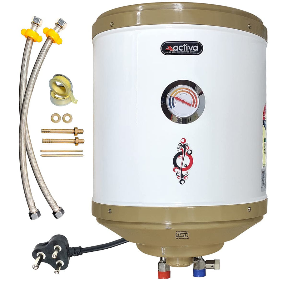 Activa 15 L Storage 2 Kva Special Anti Rust Coating 0.75 mm SS Tank Geyser with Temperature Meter Abs Top Bottom with Free Installation Kit and adjustable outer thermostat 5 Years Warranty,Wall