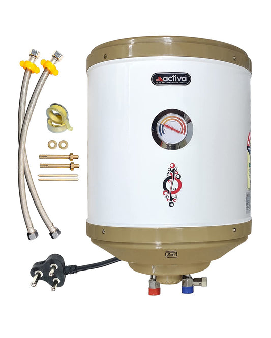 Activa 15 L Storage 2 Kva Special Anti Rust Coating 0.75 mm SS Tank Geyser with Temperature Meter Abs Top Bottom with Free Installation Kit and adjustable outer thermostat 5 Years Warranty,Wall