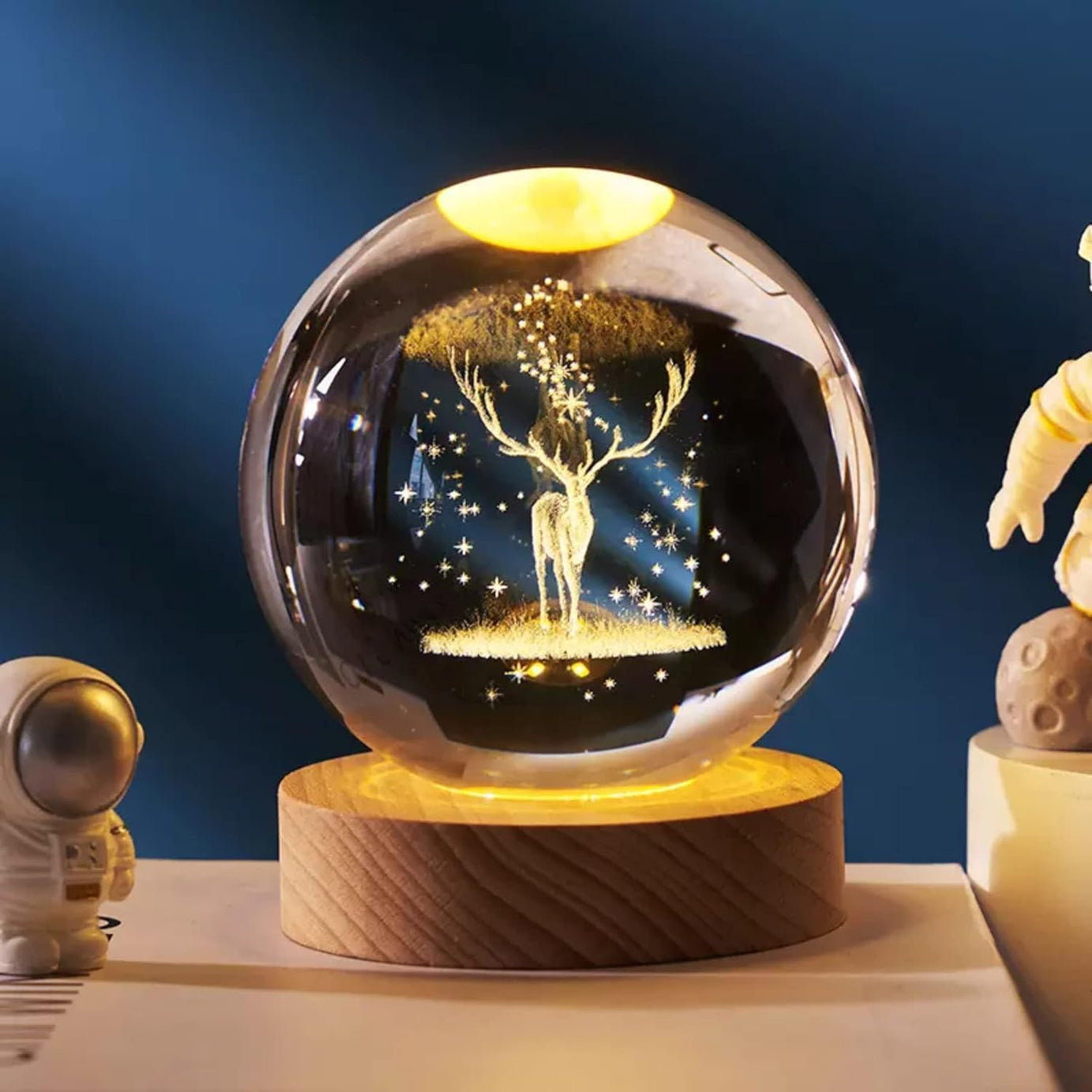 Desidiya Deer 3D Crystal Ball Night Light with Wooden Base - LED USB Table Lamp for Kids, Teens, and Home Decor