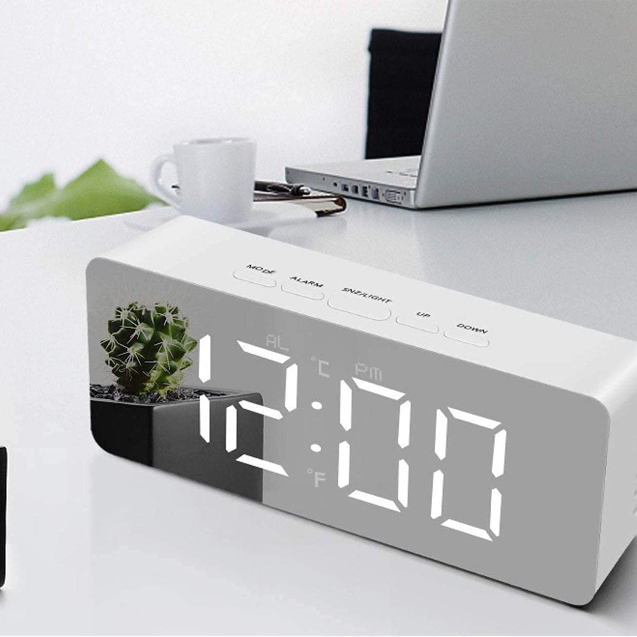 FOXCY Digital Smart LED Alarm Clock with Mirror Display Back Light for Heavy Sleepers & Kids with Snooze Time Temperature Functions | Battery OR USB Powered Modern Table Clock White