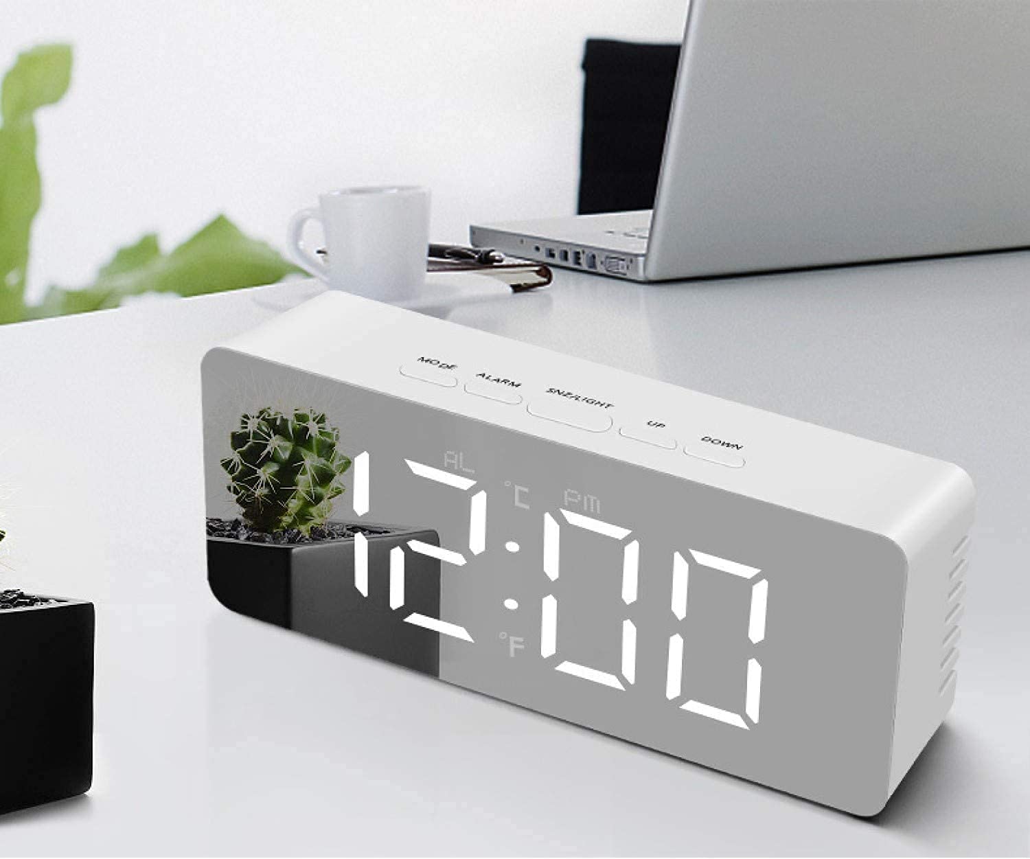 FOXCY Digital Smart LED Alarm Clock with Mirror Display Back Light for Heavy Sleepers & Kids with Snooze Time Temperature Functions | Battery OR USB Powered Modern Table Clock White