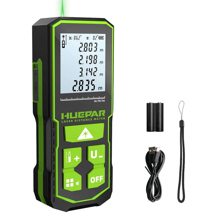 Huepar Laser Distance Measure Green Beam 196Ft/328Ft, Digital Meter with Angle Sensor, LCD Backlit Display, Rechargeable Laser Measurement Tool M/in/Ft/Ft+in, Pythagorean/Area/Volume Measuring