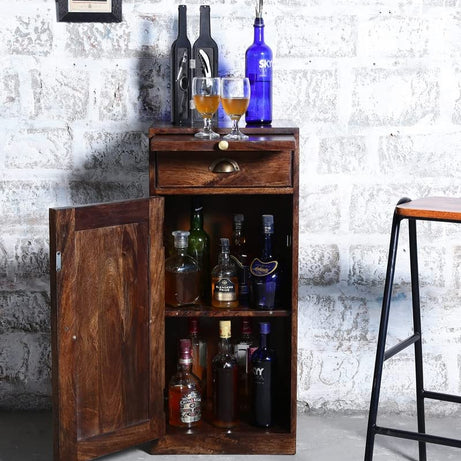 WeeHom Furniture Sheesham Wood Bar Cabinet with Drawer and Door Storage for Home Living Room Wooden Wine Rack Bar Counter (Teak Brown Finish)