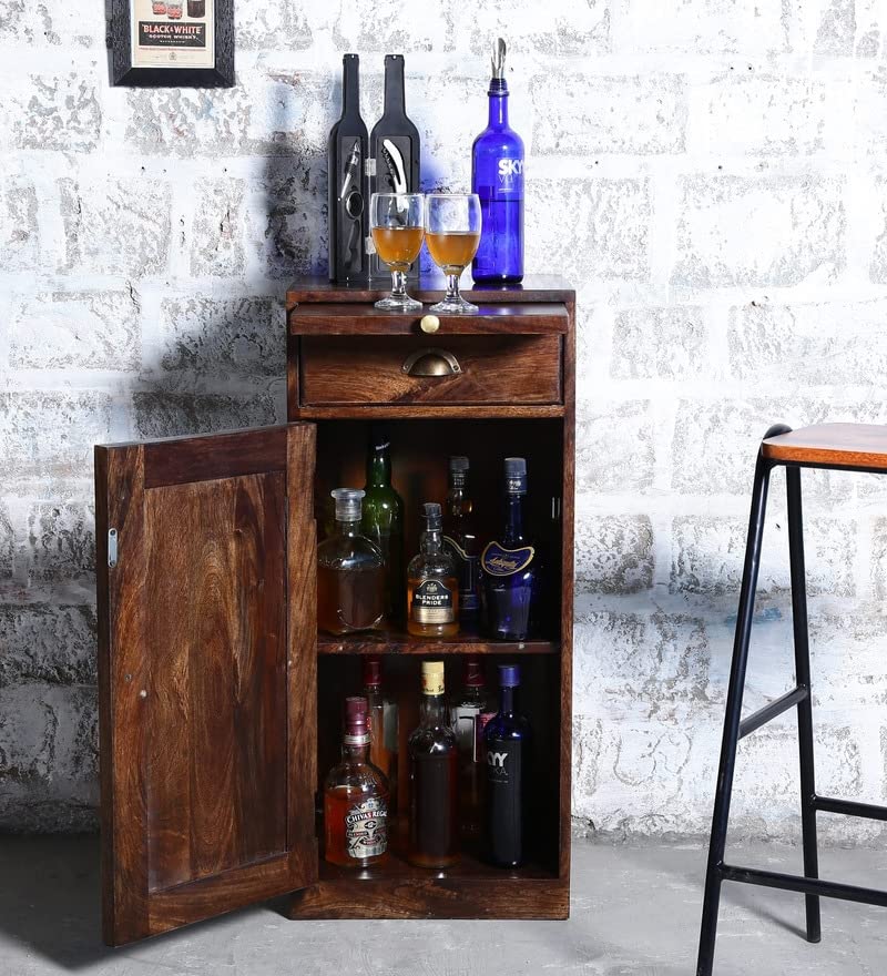 WeeHom Furniture Sheesham Wood Bar Cabinet with Drawer and Door Storage for Home Living Room Wooden Wine Rack Bar Counter (Teak Brown Finish)