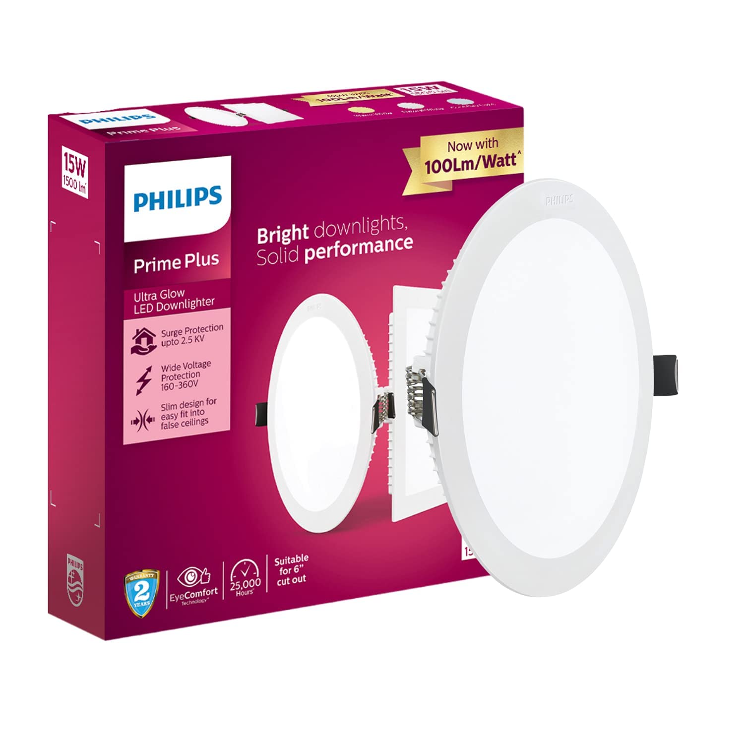 PHILIPS 15W Round AP Plus UltraGlow LED DL Recessed LED Panel Ceiling Light (Pack of 2, Cool Day Light)