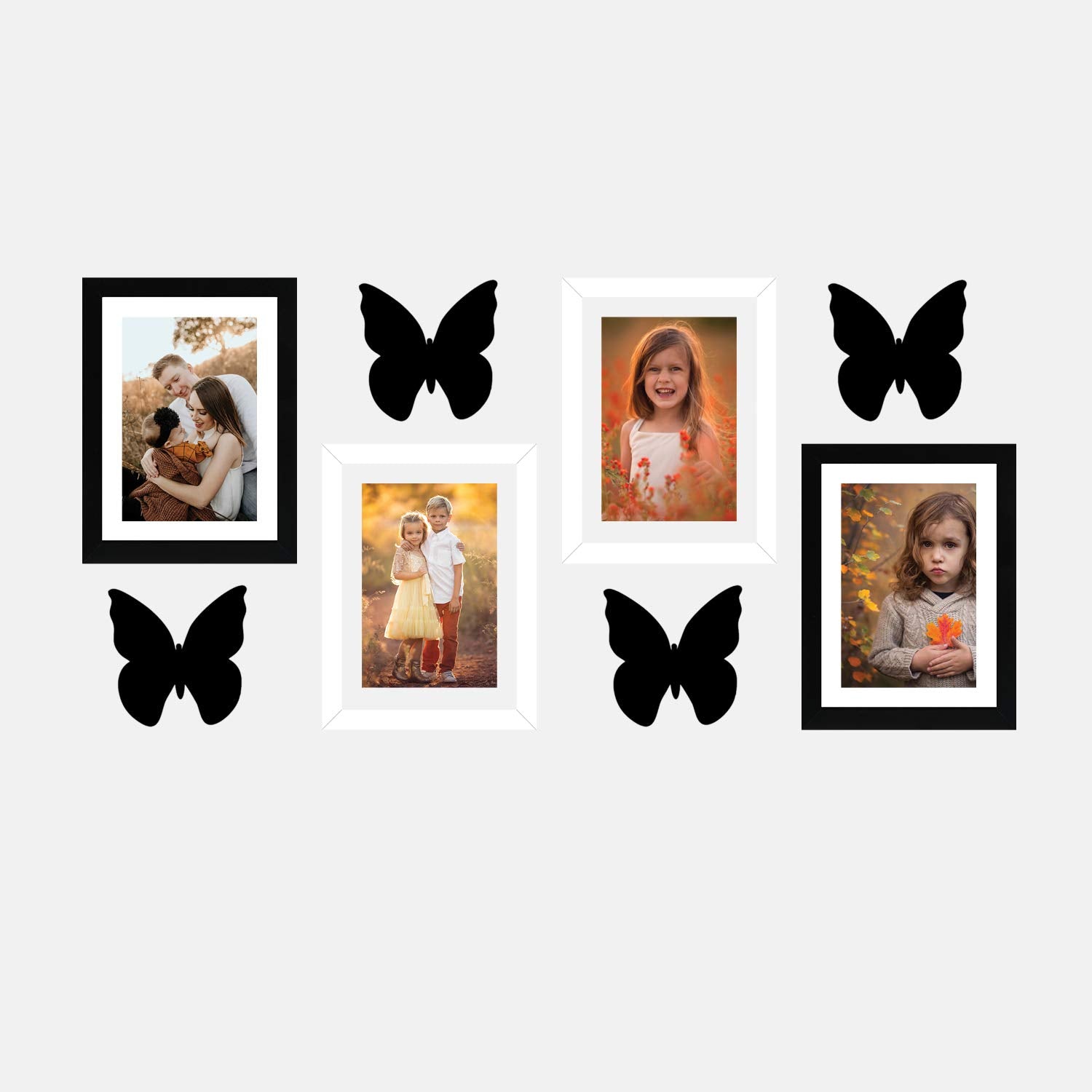 Amazon Brand - Solimo Set Of 4 Black & White Photo Frames With Mount Paper (6 X 8 Inch - 2 Pcs Black & 2 Pc White) & Butterfly Plaques, Rectangular, wall mount