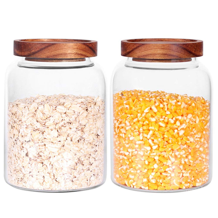 Glass Storage Jars with Airtight Lids, Set of 2 42 FL OZ (1250ml) coffee container with Wooden Lid, Glass Pantry Canister for Beans, Rice, Sugar and etc (6.3 inch high)