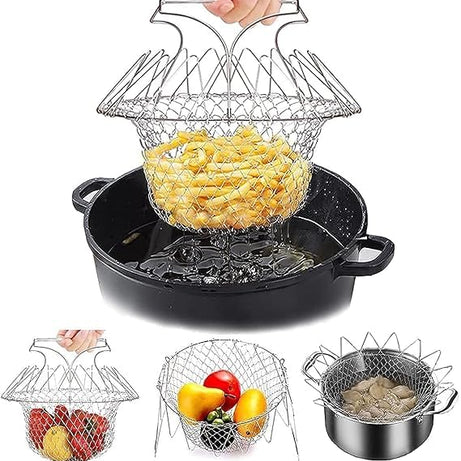 Chigssmile 2 in 1 FRUIT BASKET Stainless Steel Chips Fryer Fold-able Cooking Basket Strainer Magic Basket, Mesh Basket, Strainer Net Kitchen Cooking Tool for Frying, Steaming, Straining, Rinsing