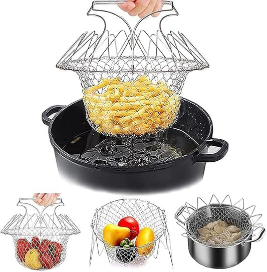 Chigssmile 2 in 1 FRUIT BASKET Stainless Steel Chips Fryer Fold-able Cooking Basket Strainer Magic Basket, Mesh Basket, Strainer Net Kitchen Cooking Tool for Frying, Steaming, Straining, Rinsing