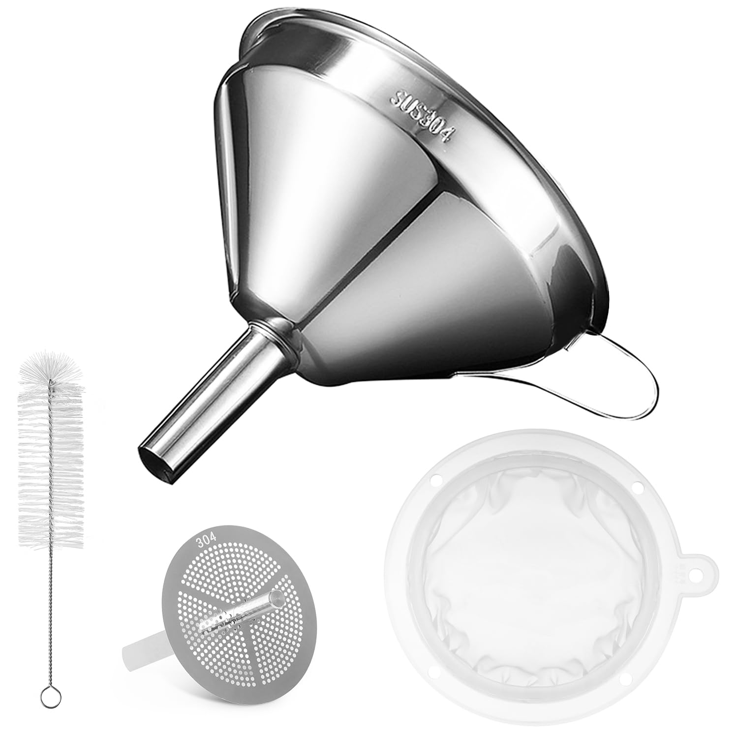 Kitchen Funnel for Filling Bottles, Cooking Oil Funnel with Strainer and 200 Mesh Filter, Tea Grease Juice Food Strainer, 18/8 Stainless Steel Funnel (5 inch Mouth, 0.63 inch Stem)