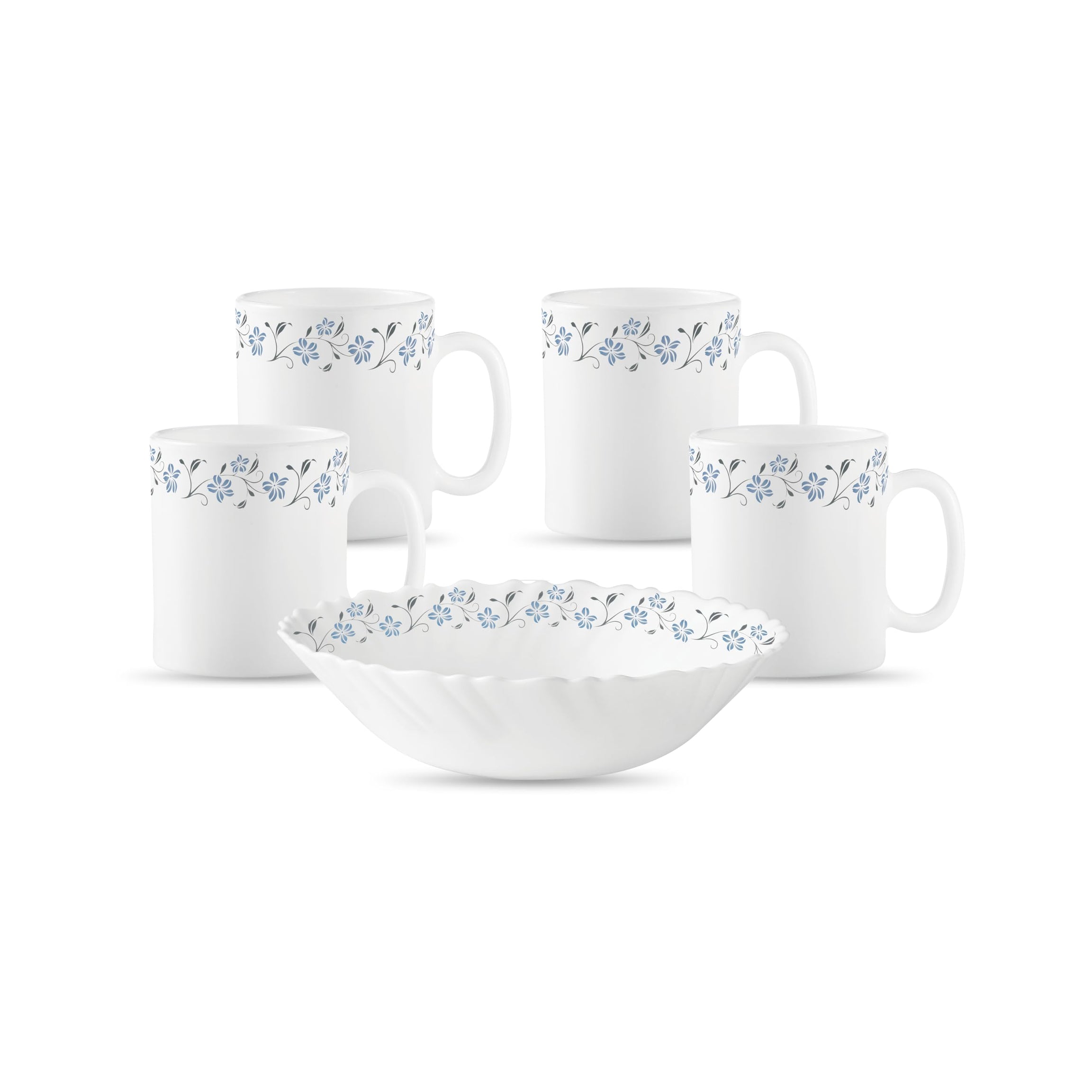 La Opala Diva Classique Collection Opal Glass Crockery | Gift Set of 5 | Coffee Time Set 5 pcs Grace Blue | Bowls & Coffee Mugs | Microwave Safe | 100% Vegetarian | Extra Strong | Light & White