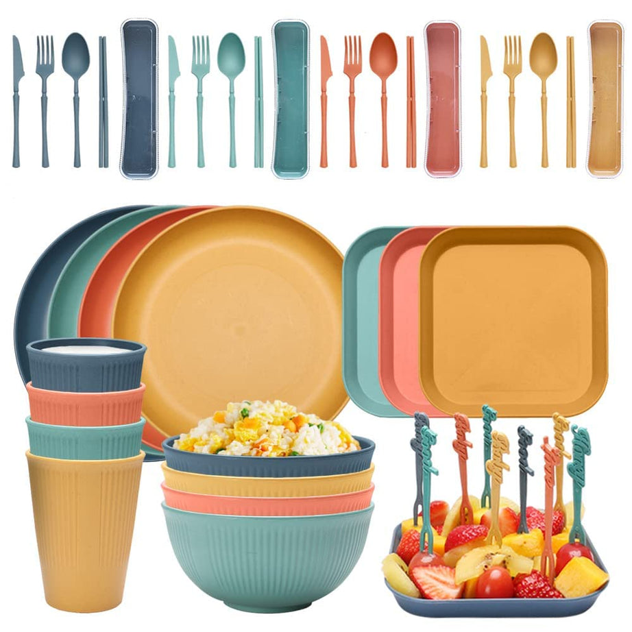 Wheat Straw Dinnerware Sets, kids Dinnerware Set,Unbreakable Microwave Dishwasher Safe Tableware Lightweight Bowls, Cups, Plates Set Reusable Dinner Plates Bowls Set