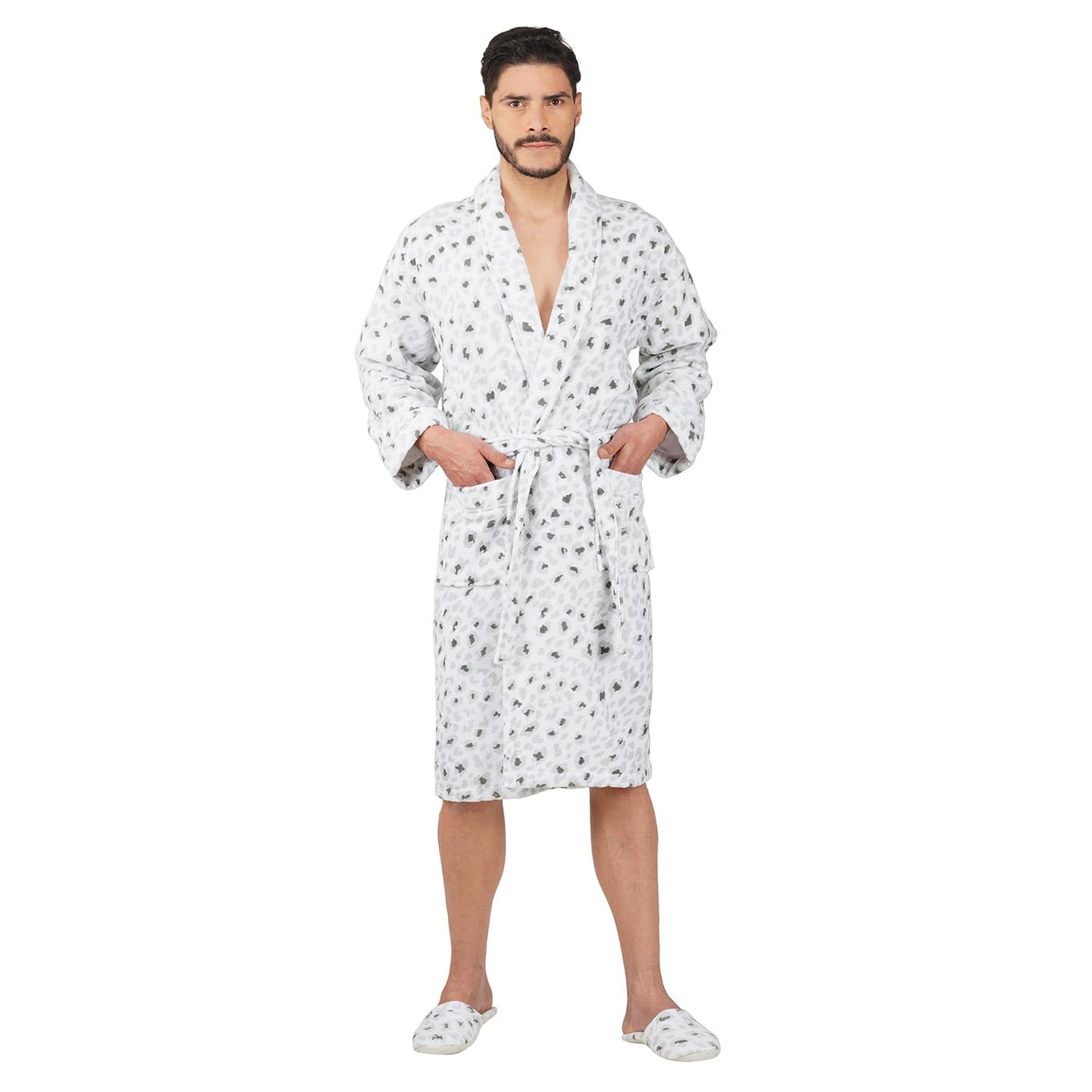 Rangoli Leopard 100% Cotton Bathrobes for Men & Women, 450 GSM | Ultra-Soft, Lightweight & Highly Absorbent Luxurious Bath Gown/Bath Robe for Men With Matching Slippers | Grey, XL