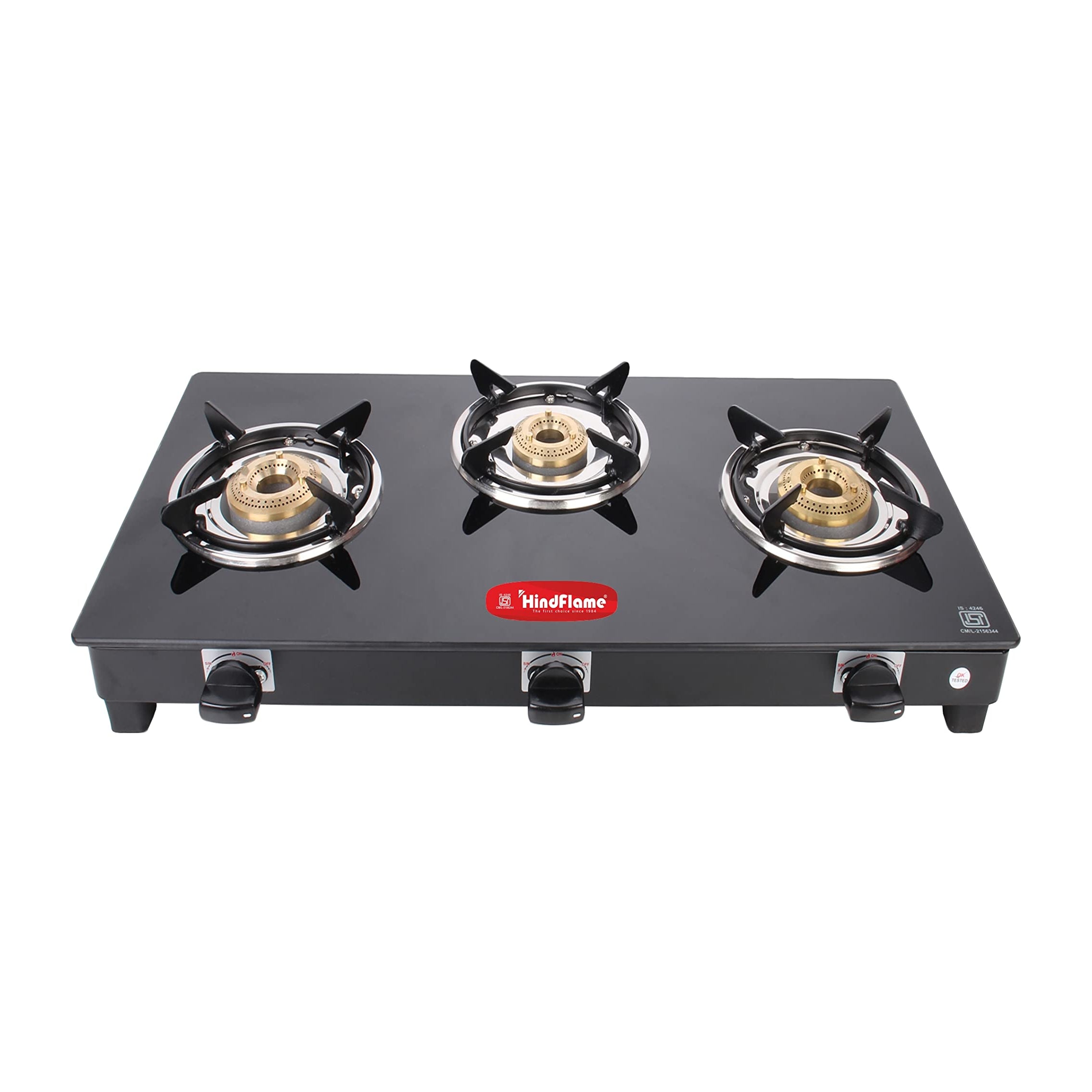 Hindflame 3 Burner Crown Black Toughened Glass LPG Cooktop, Manual Ignition Gas Stove with 1 Year Warranty (ISI Approved)