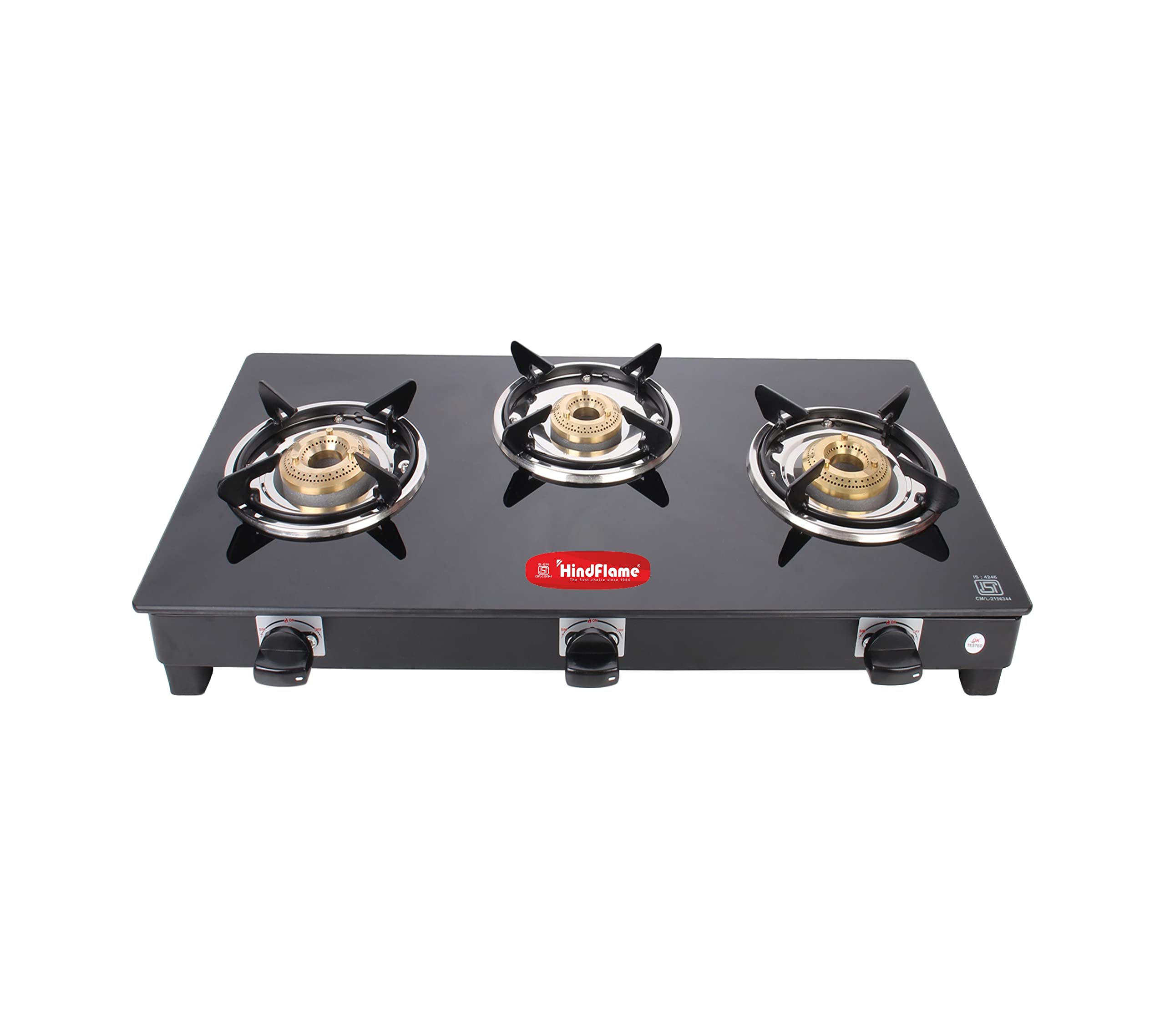 Hindflame 3 Burner Crown Black Toughened Glass LPG Cooktop, Manual Ignition Gas Stove with 1 Year Warranty (ISI Approved)