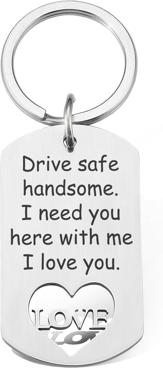 Adornkeys Funny Anniversary Birthday Keychain Gifts For Husband Him Couples Hubby Boyfriend Girlfriend, Keyring for Husband (Drive Safe Handsome)