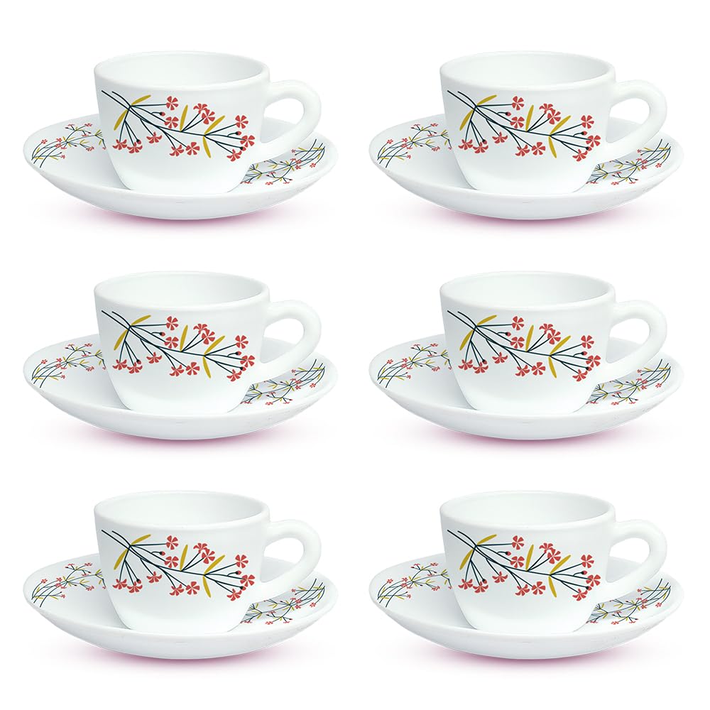 Larah by BOROSIL Silk Series Red Bud Opalware Cup and Saucer Set of 12 pcs | Tea/Coffee Cups 140 ml | Microwave & Dishwasher Safe, Bone-Ash Free | Crockery Set Ideal for Daily Use & Gifting, White