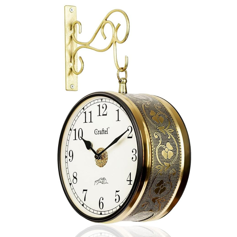 CRAFTEL Metal Analog Double Sided Vintage Station Wall Clock with Brass in dial (Shiny Gold_8 Inches)