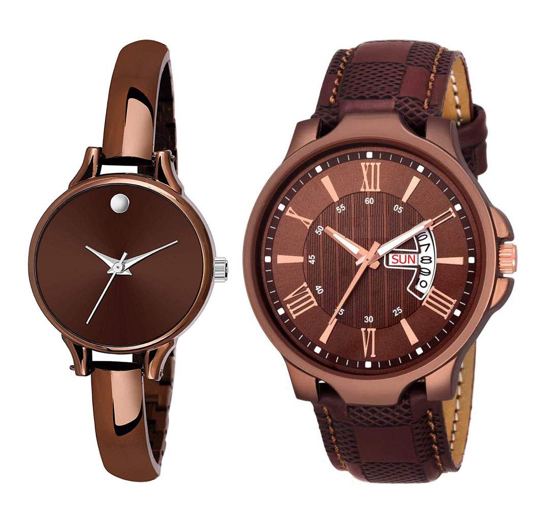 Shocknshop Leather Analogue Unisex Couple Combo Watch For Men & Women (Brown Dial & Colored Strap) -W246-236Br, Brown Band