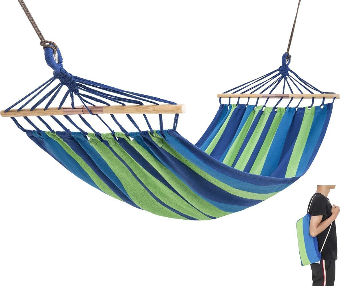 ONPRIX Portable 2 Person Cotton Hammock Colorful Stripe Hammocks Swing with Spreader Bar Carry Bag for Patio Lawn Garden Camping,Beach,Backyard, Outdoor Indoor (Blue)