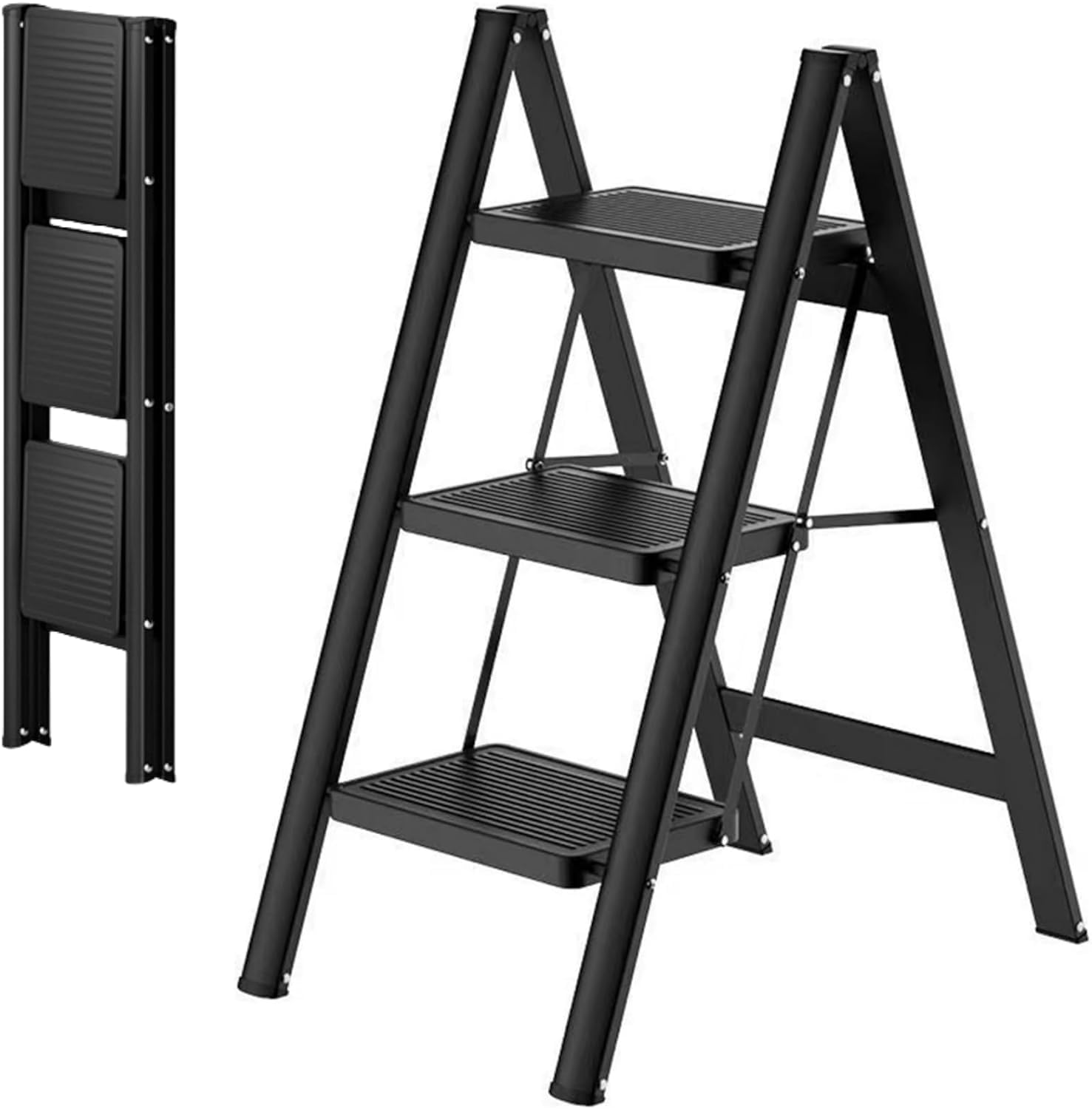 TRADY 3 Step Ladder, Black Folding Ladder Stool, Wider Upgraded Non-Slip Treads, Portable Lightweight Ladder for Home and Kitchen, Holds up to 150 KG Lbs.