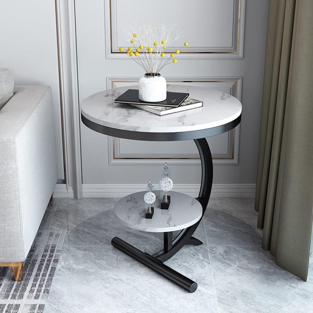 EXPRESSOW ENTERPRISES Luxury Marble Look End Table Sofa Side Table Corner Table with Storage Shelf for Home & Living Room Small Round Indoor Outdoor Coffee Table (Black White)