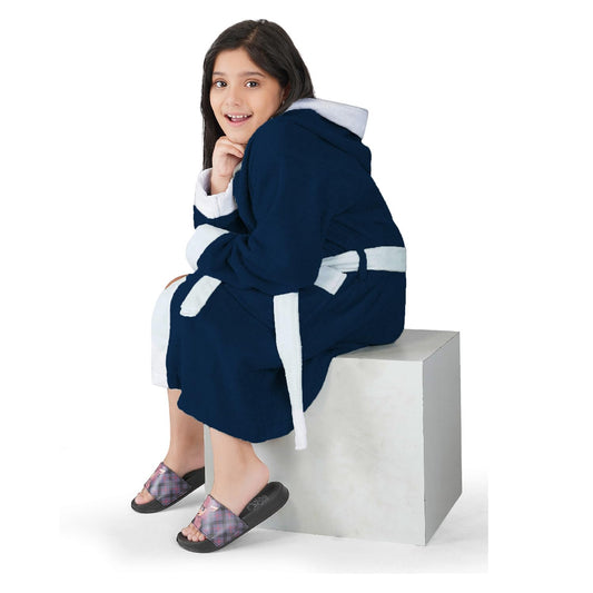 Rangoli Noble 100% Cotton Terry Kids Bathrobe, 400 GSM | Ultra Soft Plush Hooded Bathrobe for Girls with 2 Pockets and Attached Adjustable Belt | Gown Bathrobe for kids Girls 13-14 Years, Navy Blue