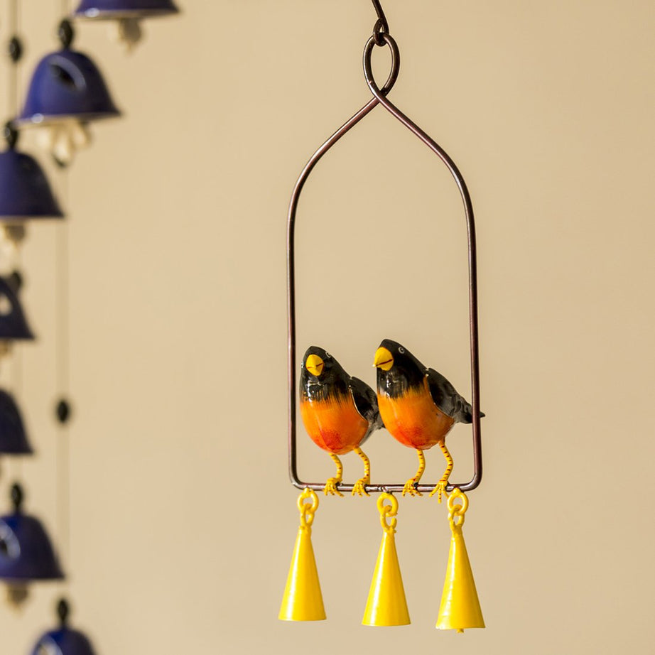 ExclusiveLane Swaying with Robins Bird Hand-Painted Decorative Metal Hanging Wind Chimes (14.5 cm x 17 cm x 40.8 cm)