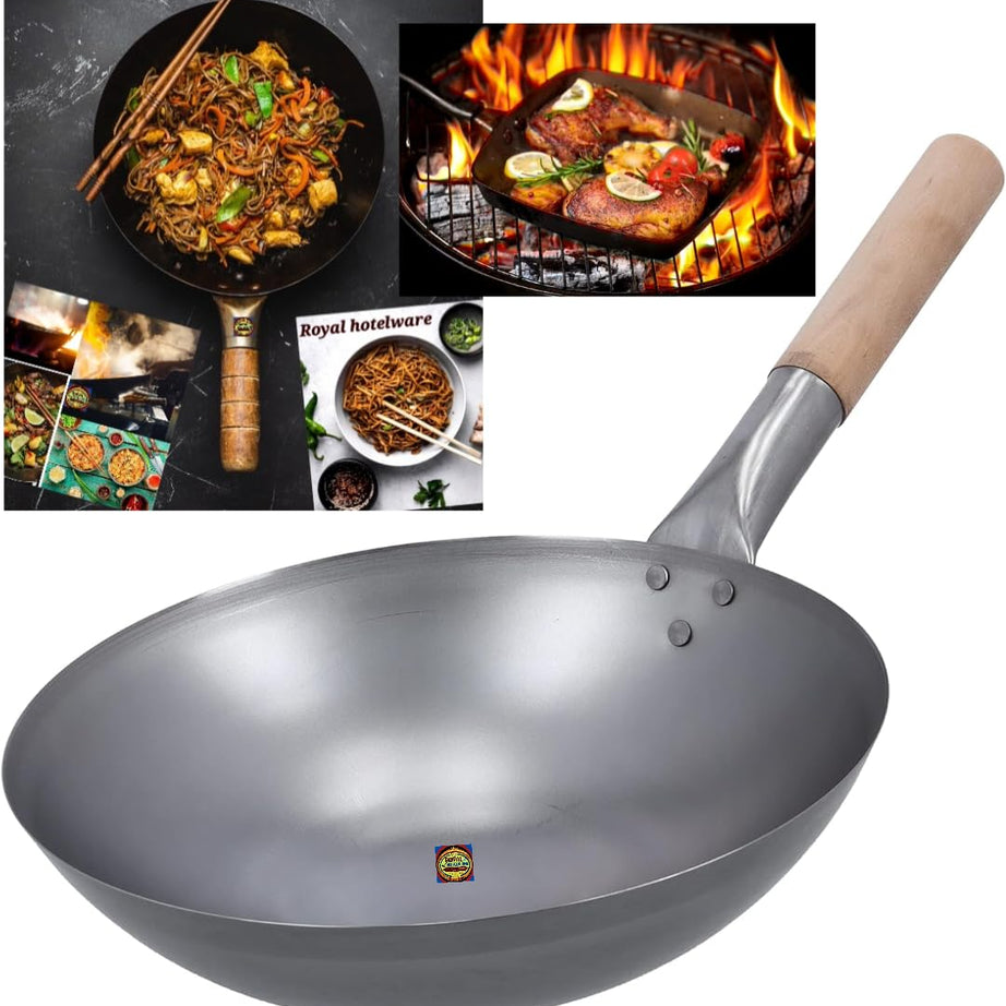 Wok Iron Kadhai/Wok 14 inch Wok Chinese with Wooden Handle use for Noodles Fried Rice Kadai with Handle (1.8kg) Extra Heavy Wok for use Perfect Grip- Traditionally Hand Made iron utensils (1pc)