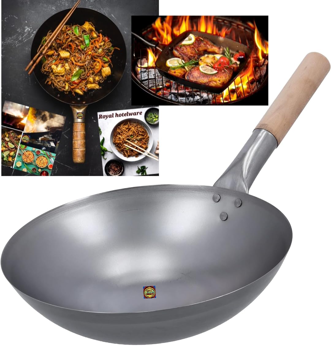 Wok Iron Kadhai/Wok 14 inch Wok Chinese with Wooden Handle use for Noodles Fried Rice Kadai with Handle (1.8kg) Extra Heavy Wok for use Perfect Grip- Traditionally Hand Made iron utensils (1pc)