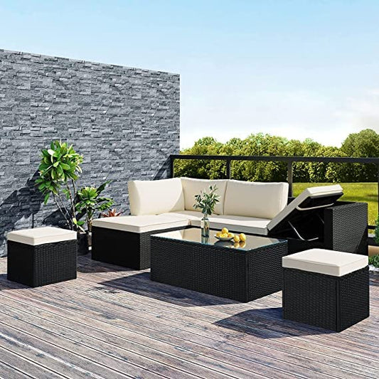 DEVOKO 5-Piece Outdoor HDPE Rattan & Wicker Sofa Cum Lounger Set for Backyard, Garden, Poolside, Balcony, Terrace (Black & Off-White)