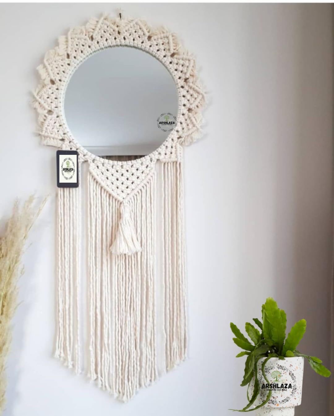 ARSHLAZA Macrame Hanging Wall Mirror with Macrame Round Mirror Art Boho Decor Macrame Decorative Mirror [M04T] Framed, offwhite