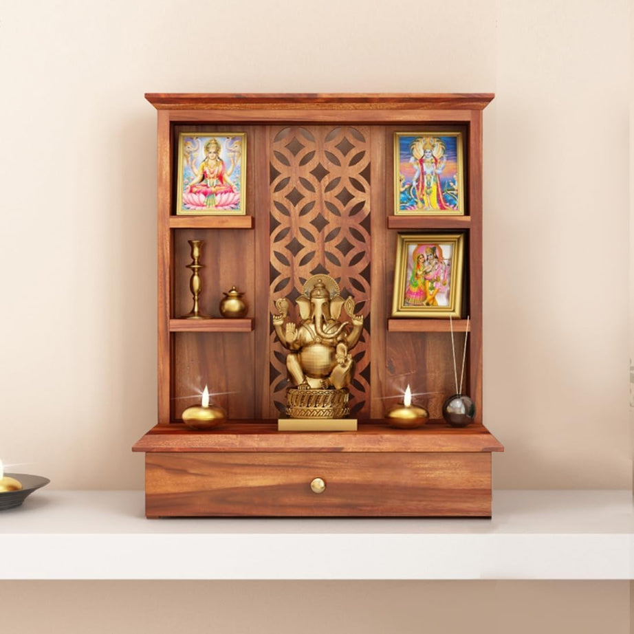 Handwoody Sheesham Wood Temple for Home | Pooja Mandir for Puja Room with 1 Drawer Storage & Shelf | Pooja Mandap Wood Religious Home Temple (Honey Finish)