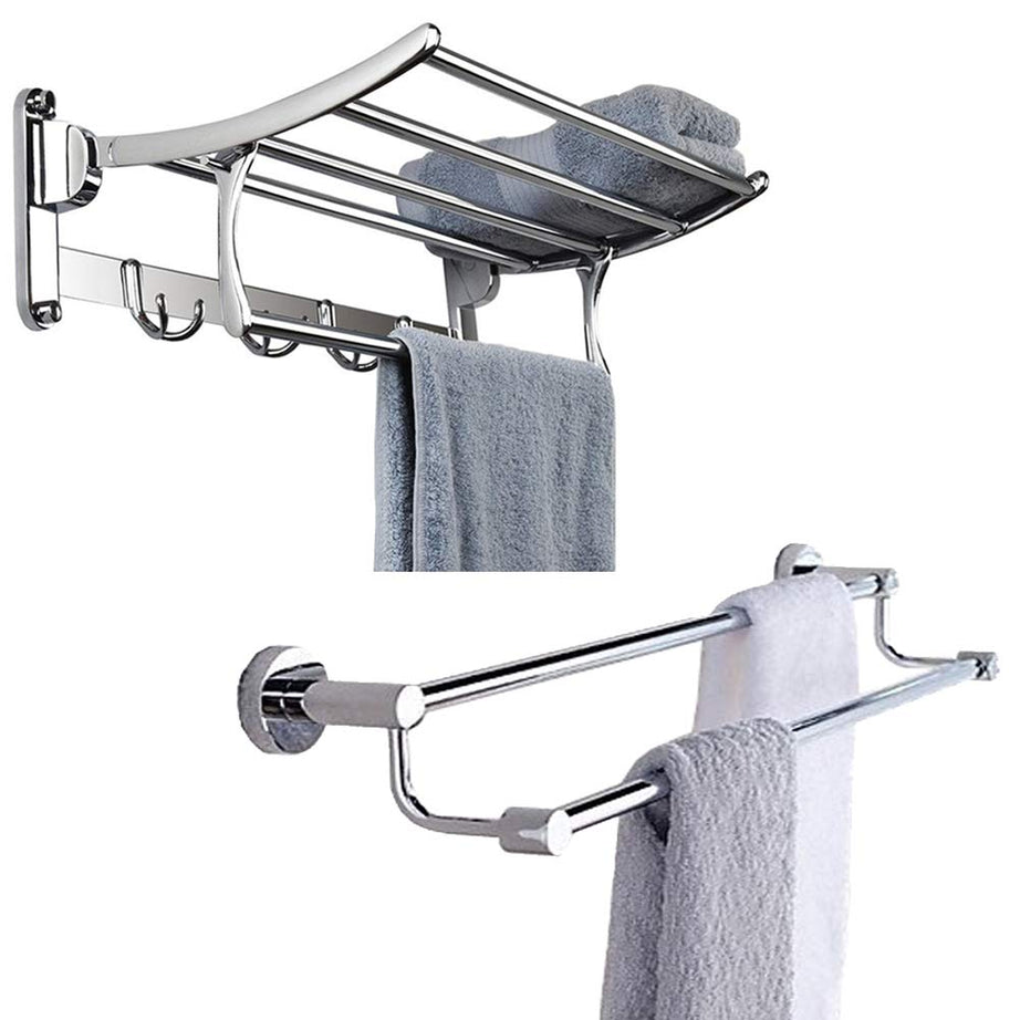 Plantex High Grade Stainless Steel Folding Towel Rack with Towel Rod/Towel Rack for Bathroom/Towel Bar/Hanger/Stand/Bathroom Accessories (Super Saver)