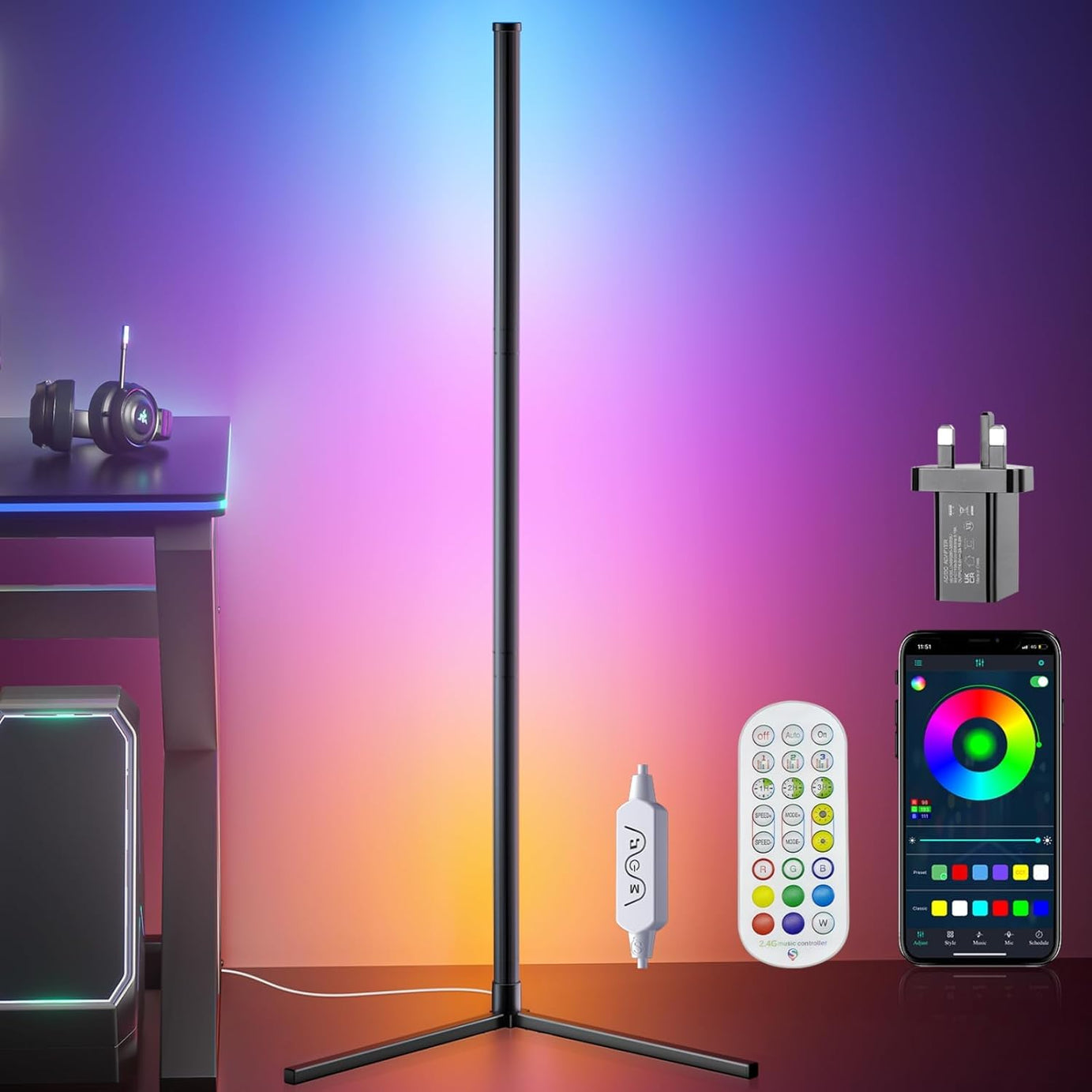 EVVIX Smart LED Floor Lamp, 165cm, 16 Million Colour Changing Standing RGB Corner Light with Music Sync, Remote & App Control, DIY Mode & Timing, Modern Mood Lighting for Living Room