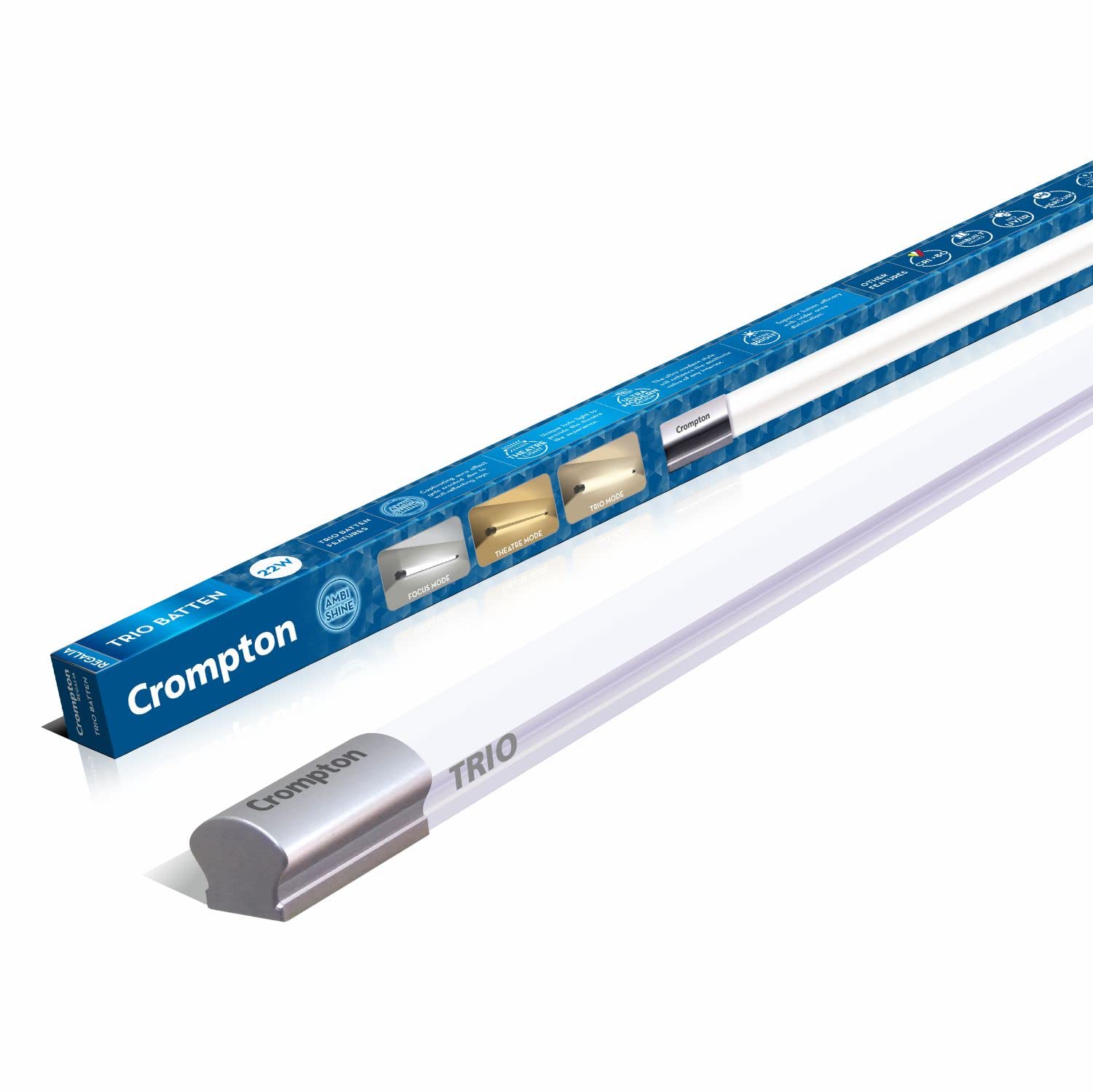 Crompton TRIO 22W Batten Direct +Indirect Light (Focus mode- White light+ Theatre mode- Yellow light+ TRIO Mode- Natural light) Aesthetic Design, Ambience light - Pack of 1