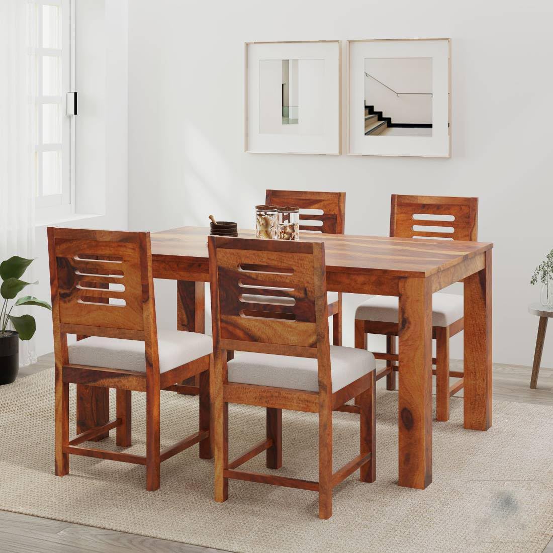 WOODBONE 4 Seater Dining Table with Chair || Dining Room Set || Dining Table Set || Sheesham Wood Dining Table 4 Seater || Wooden Dining Table 4 Seater || 4 Seater Honey