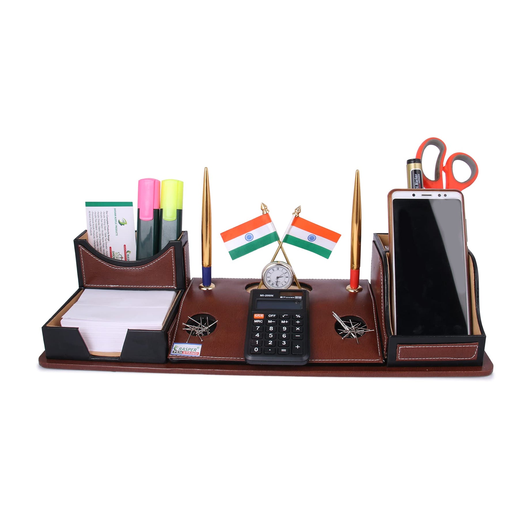 Rasper Brown Leather Multipurpose Desk Organizer Pen Stand Holder With Calculator Watch Flag For Office Table Top With Mobile Holder (17.25x6 Inches)