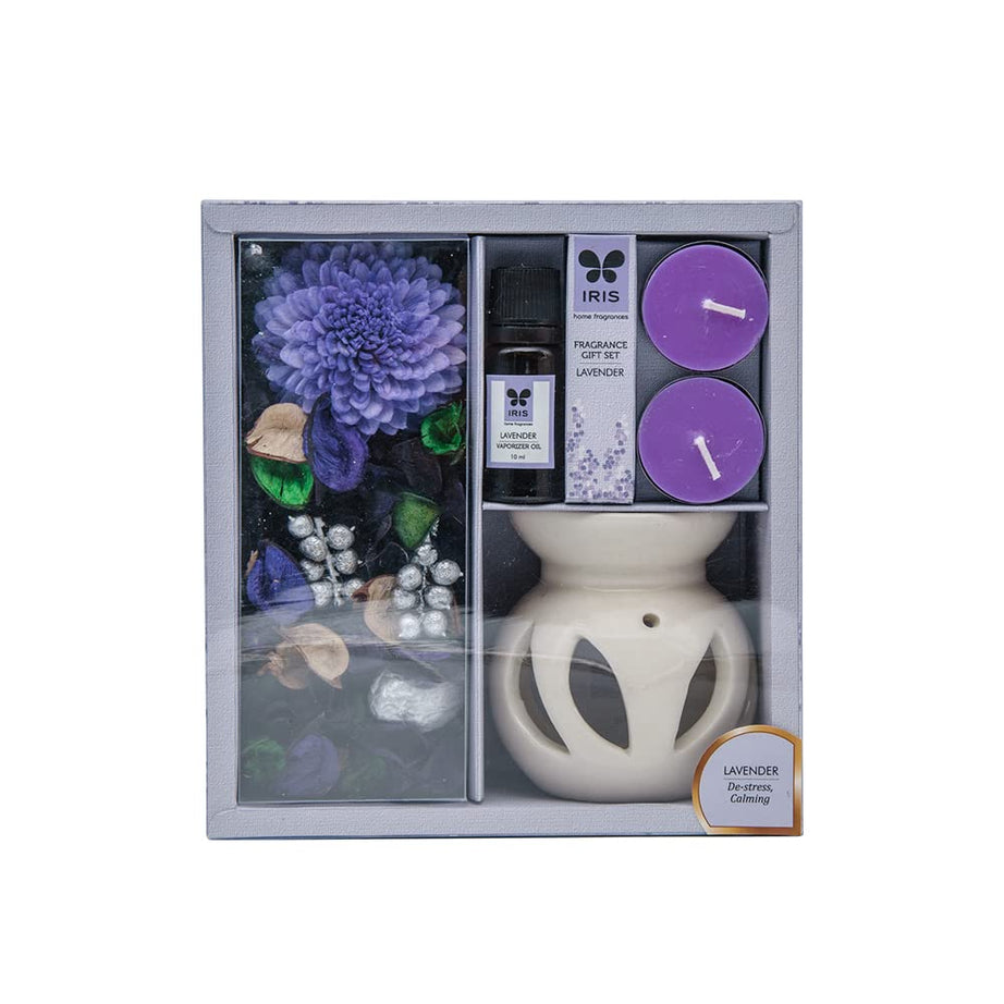 IRIS Fragrance Giftset, Lavender, Sweet Floral Fragrance, Elegant, Fragrances for Fine Living, 1 Ceramic Burner, 10 ml Vaporizer Oil, 2 Tealights, 100 gm Potpourri