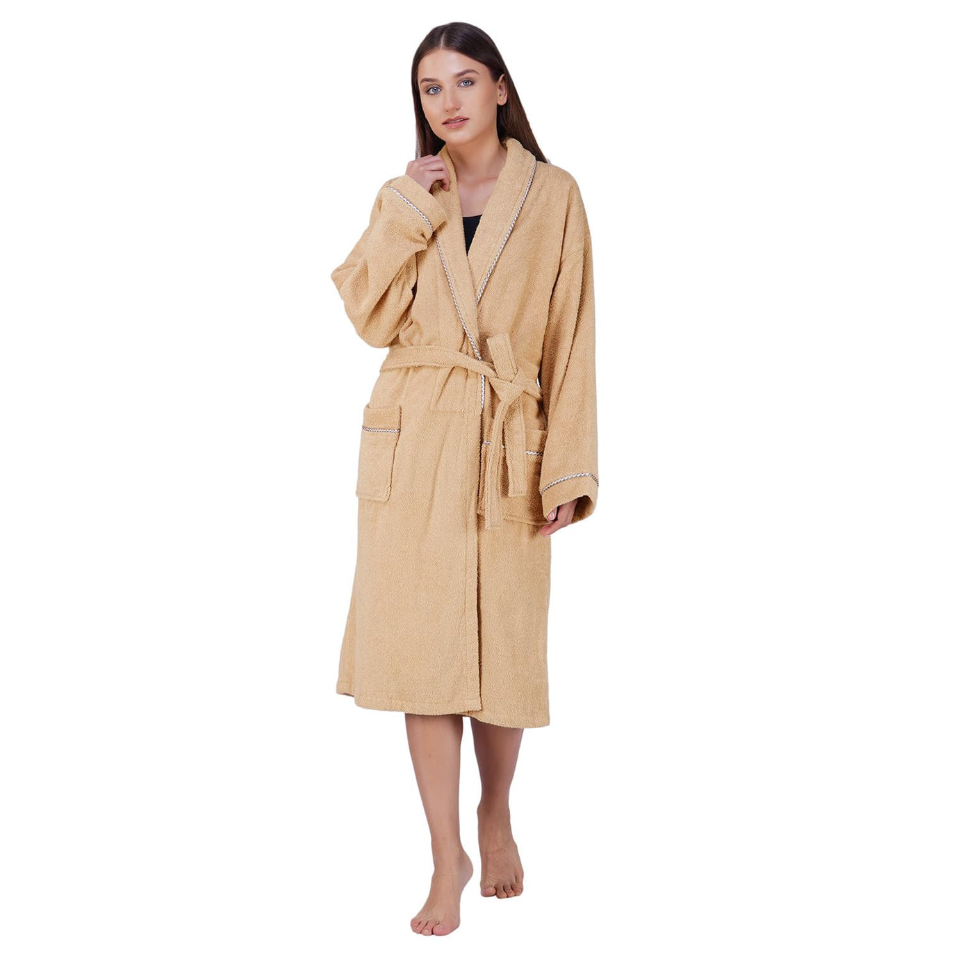 Rangoli Sunshine Bathrobes For Men and Women | 100% Natural Fiber, Quick Absorption, 400-450 GSM, Free Size Bath Robe with Rope and Matching Slippers | Ultra-soft, Lightweight |Beige